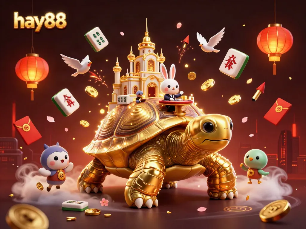 Experience the excitement of hay88 with a golden tortoise casino, vibrant decorations, and dynamic gameplay elements.