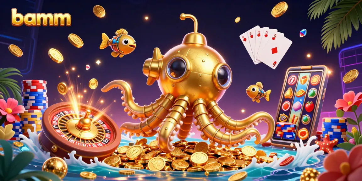 Experience the excitement at bamm with a vibrant 3D illustration of a kraken submarine and casino games.