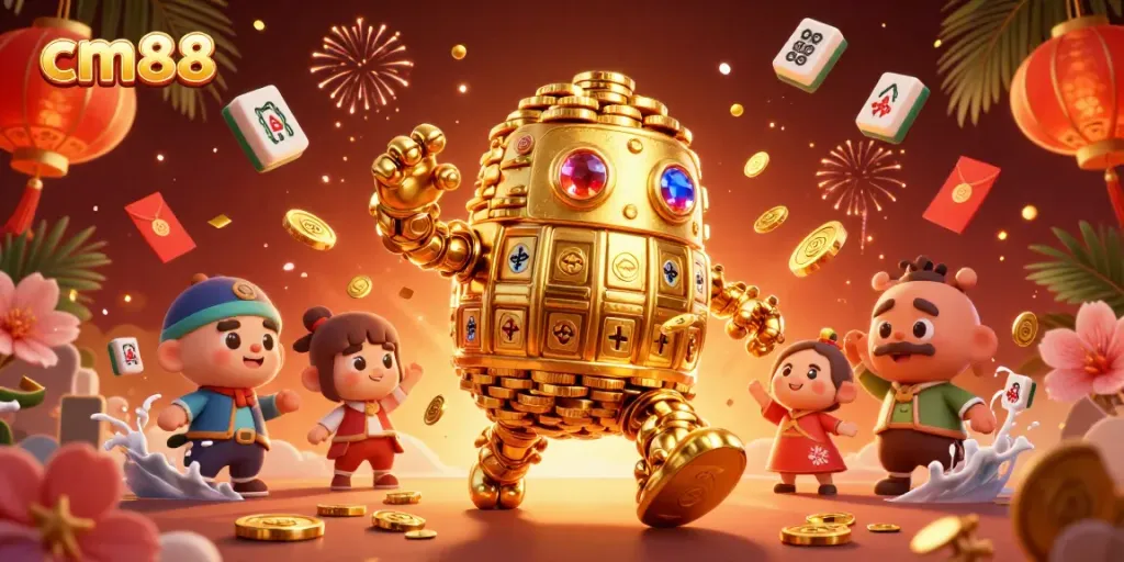 Experience thrilling wins with cm88 at this vibrant 3D casino scene featuring a golden golem and magical game elements.