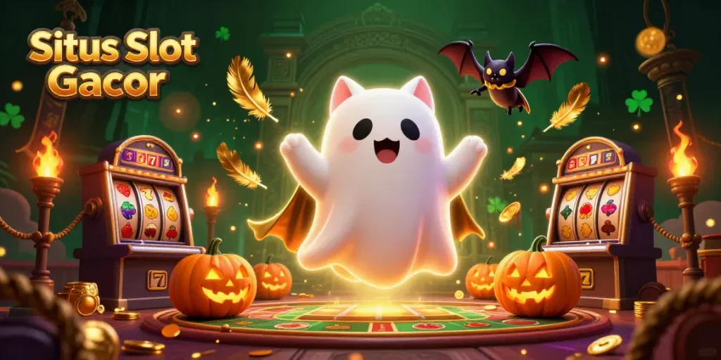 Situs Slot Gacor menampilkan kucing hantu muncul di kasino dengan simbol slot dan koin bersinar