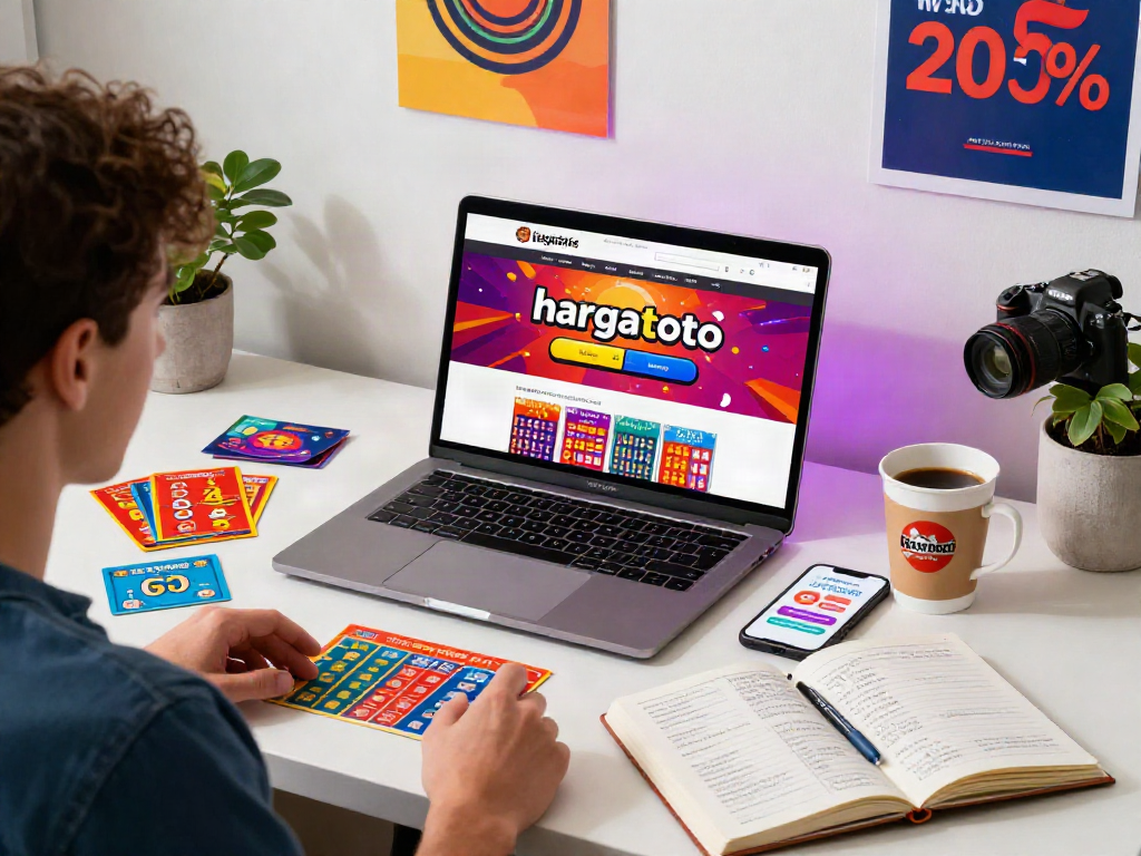 Engaging scene with a player exploring hargatoto lottery options online, surrounded by tickets and gaming tools.